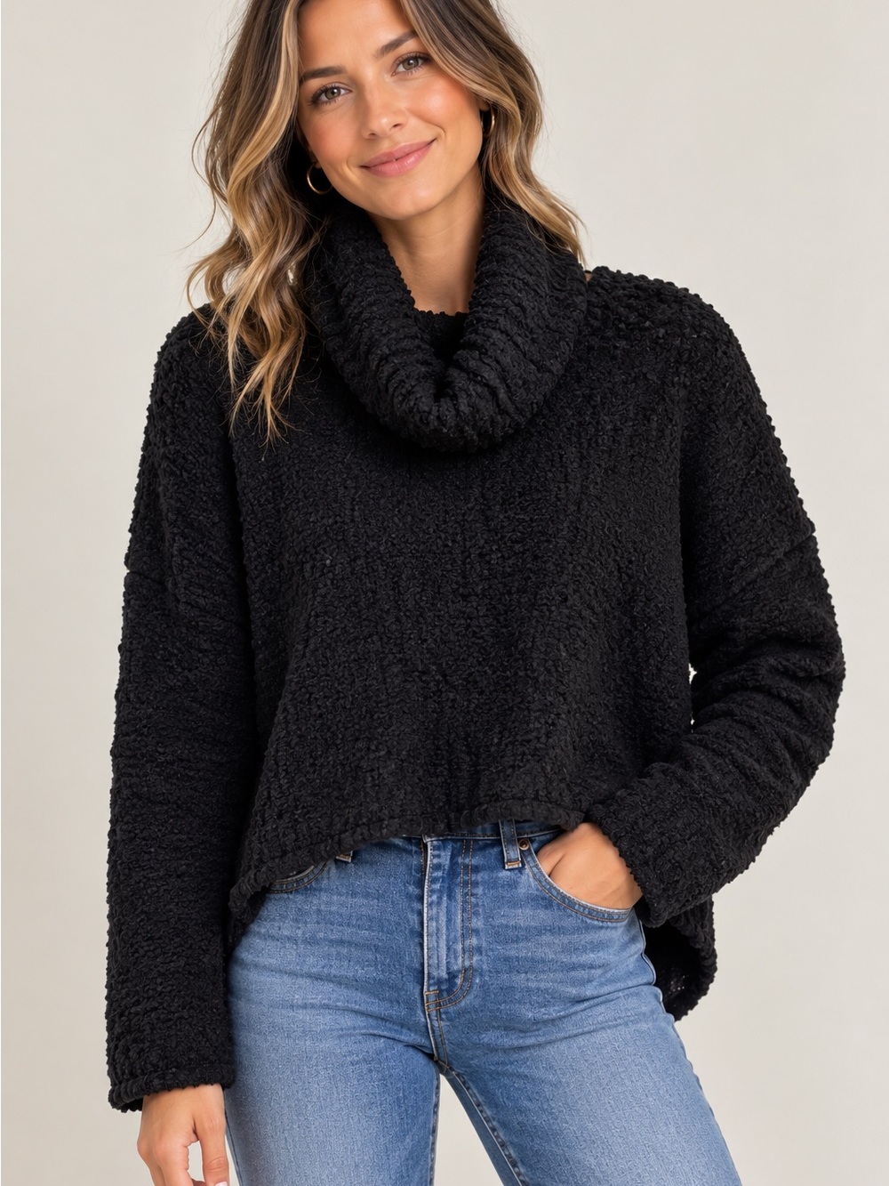 Free People Black Cozy Textured Cowl Sweater